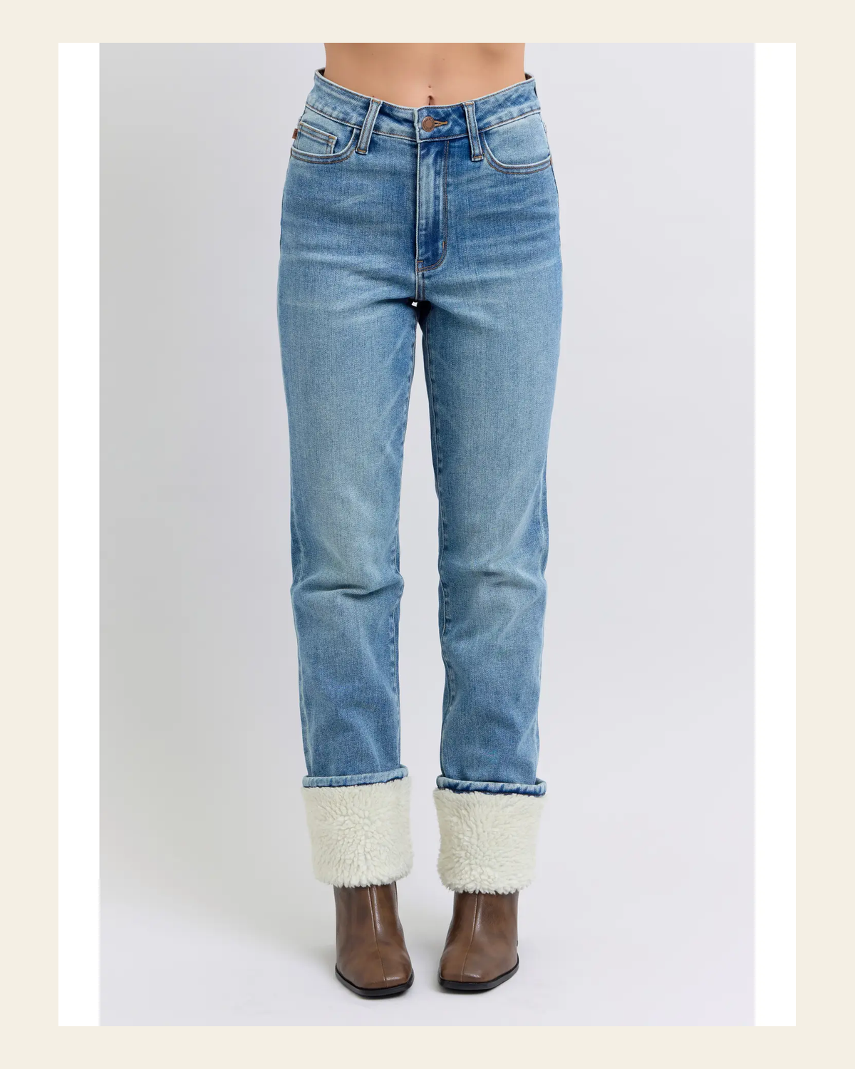 Rue Shearling Cuff Straight Denim | Jeans on a warm cream background