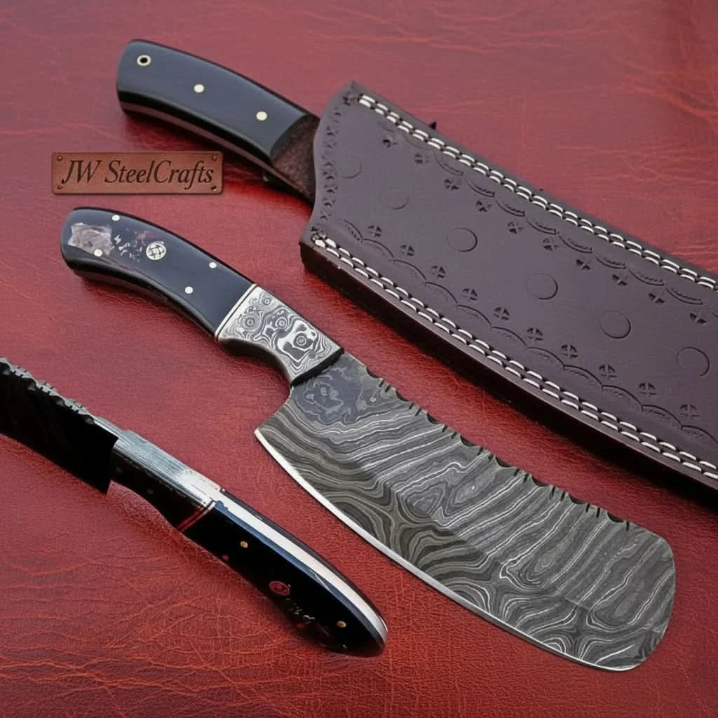 10-Inch Forged Damascus Nakiri Chopper — Ladder Pattern Blade, Engraved Damascus Bolster, Black Resin Handle & Tooled Leather Sheath