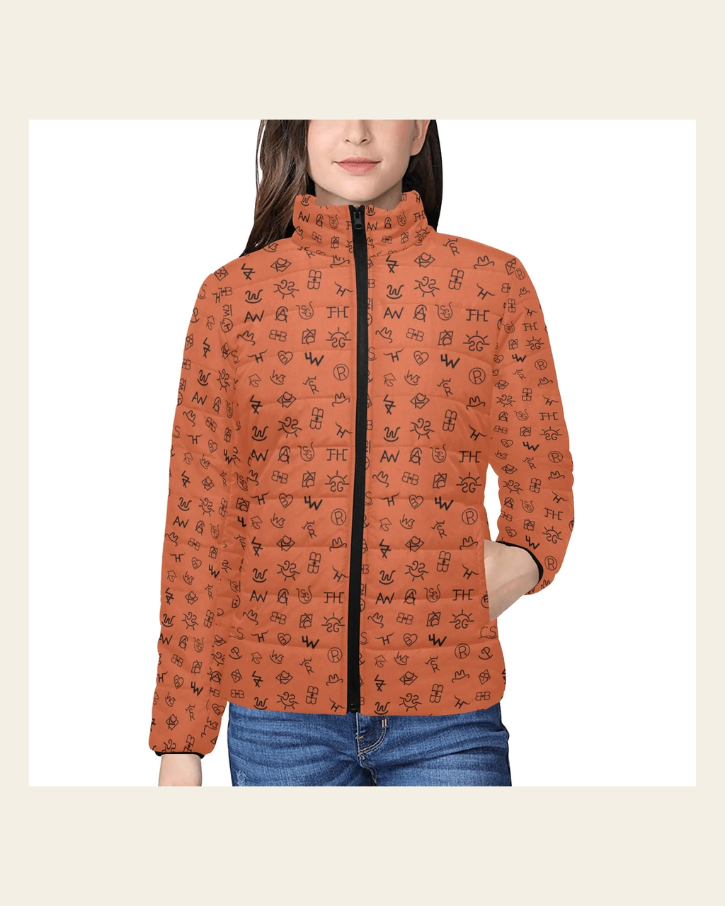 Rust Cattle Brands Women's Puffy Bomber Jacket on a warm cream background
