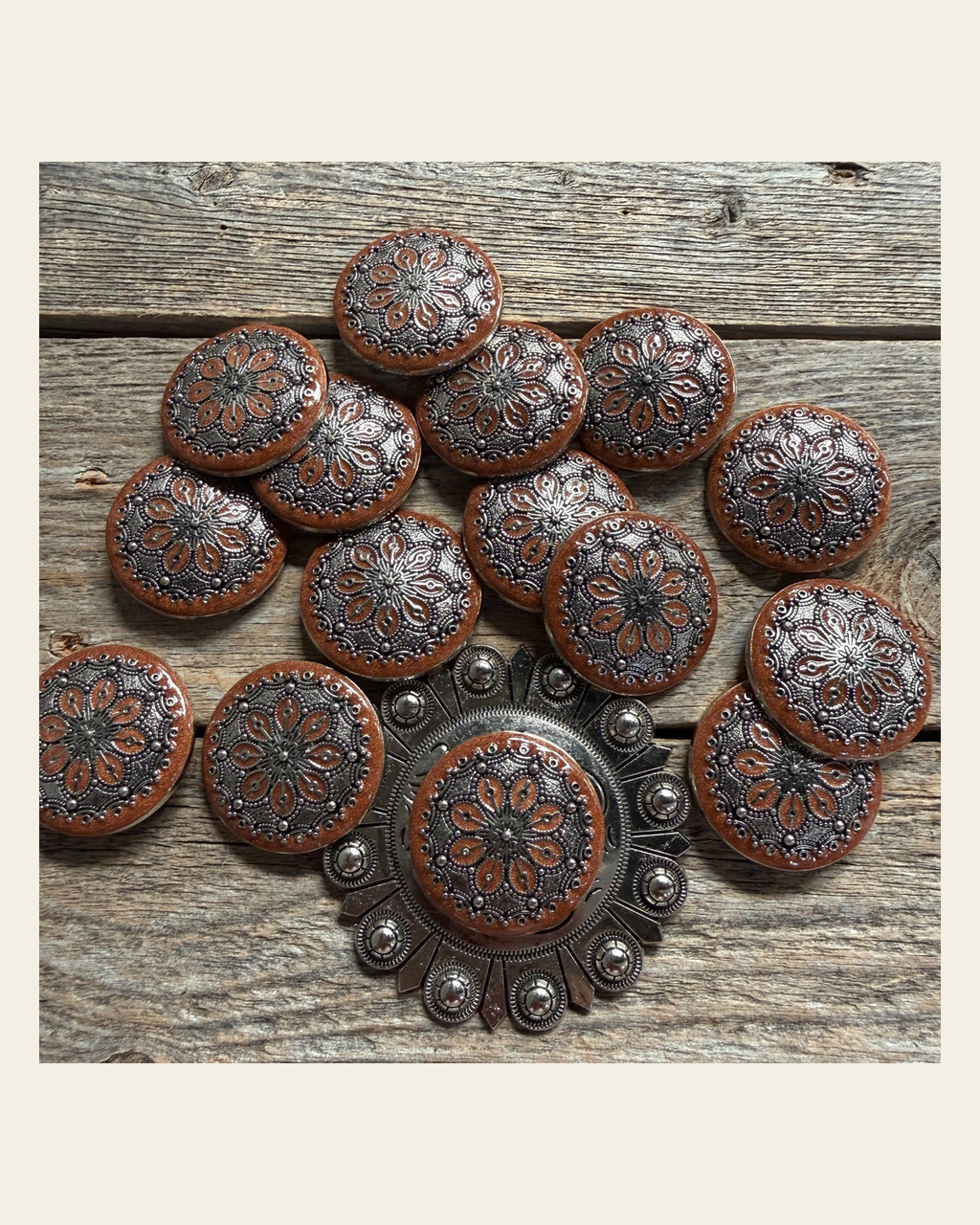 Rust Filigree and Dots Western Concho W233 on a warm cream background