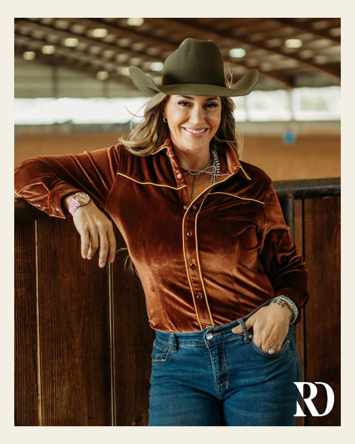 Rust Velvet Performance Rodeo Shirt on a warm cream background