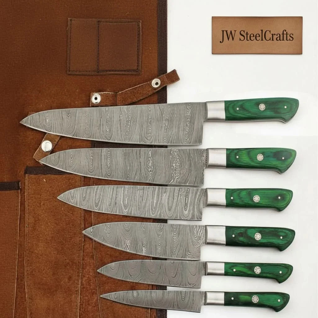 6-piece handmade Damascus chef knife set with green pakkawood handles