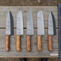 5-Piece Rustic Damascus Kitchen Knife Set with Olive Wood Handles & Swirl Damascus Blades