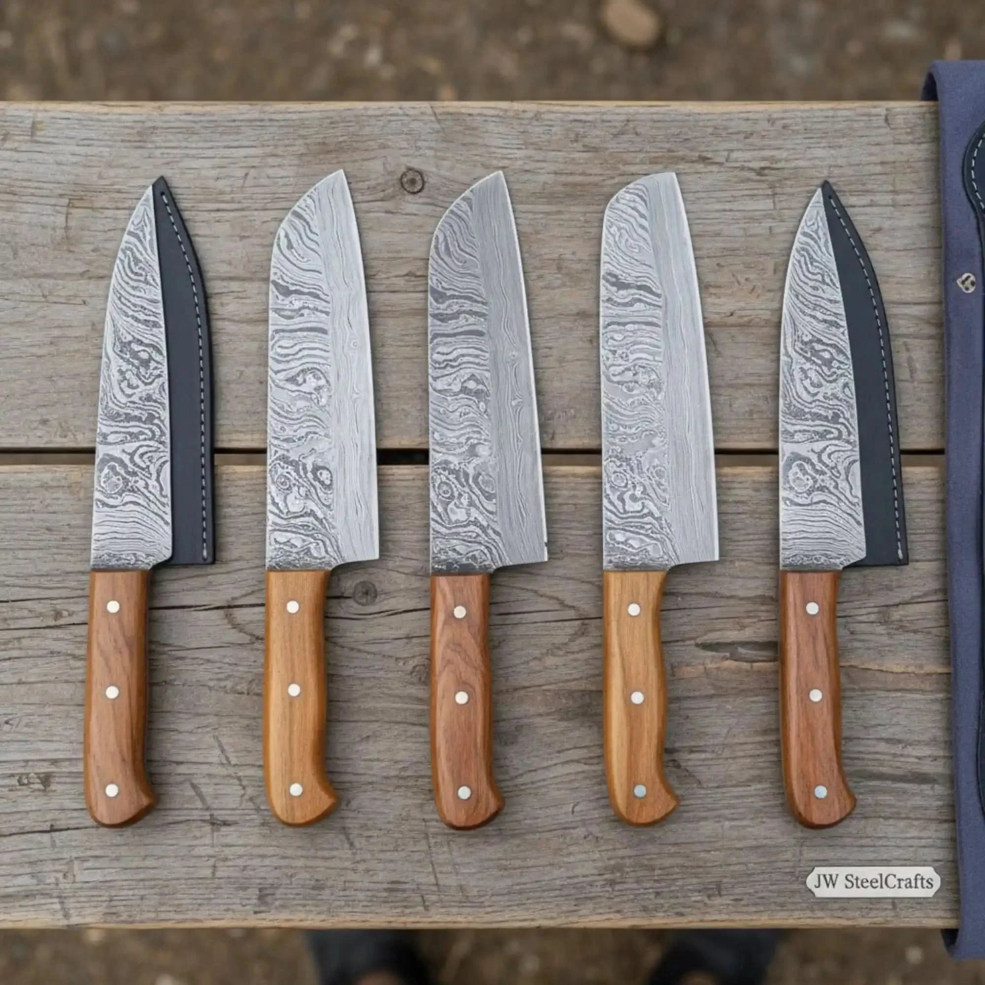 5-Piece Rustic Damascus Kitchen Knife Set with Olive Wood Handles & Swirl Damascus Blades