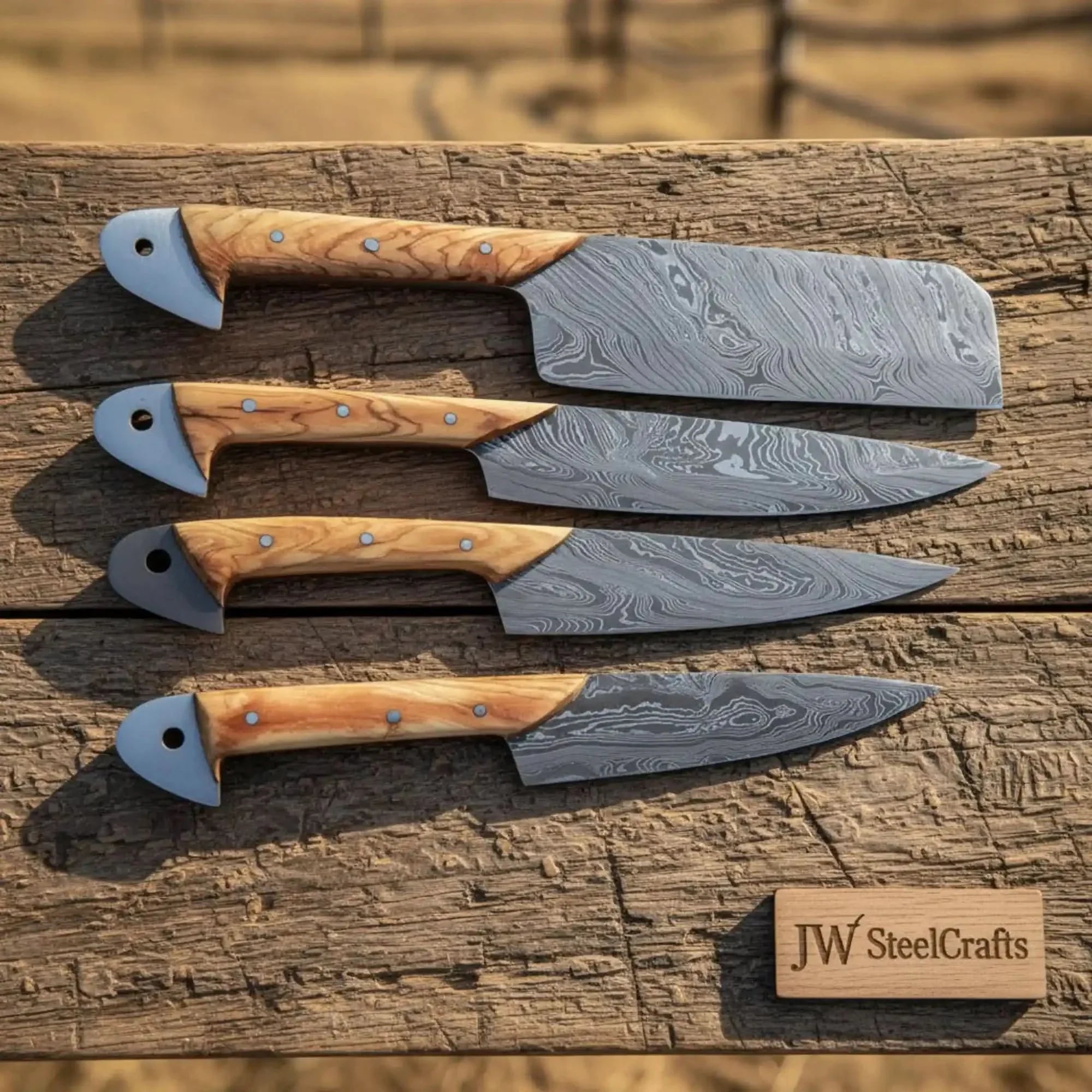 JW SteelCrafts 4-Piece Damascus Kitchen Knife Set — Cleaver, Gyuto, Utility & Paring Knife with Olive Wood Handles