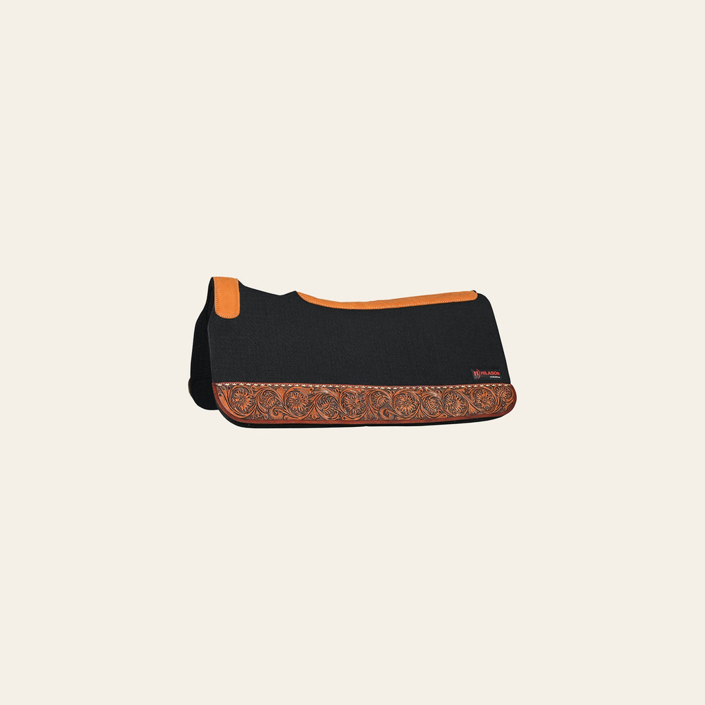 HILASON Western Wool Felt Horse Saddle Pad W/ Hand Tooled Distressed Wear Leather | for Horses
