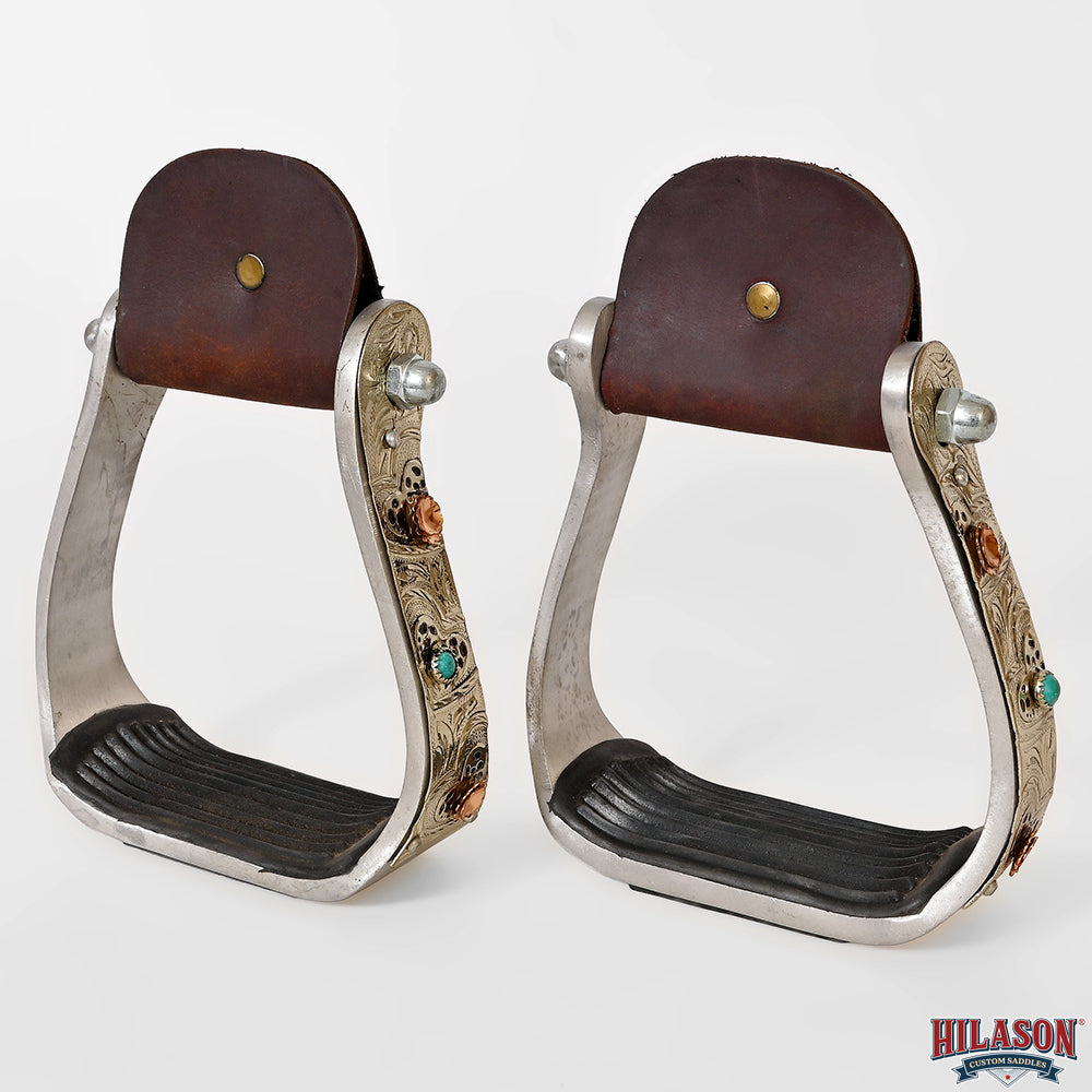 HILASON Saddle Stirrup Stirrups Pair Western Engraved Aluminum Brass Overlays Turquoise Inlays Rubber Treads