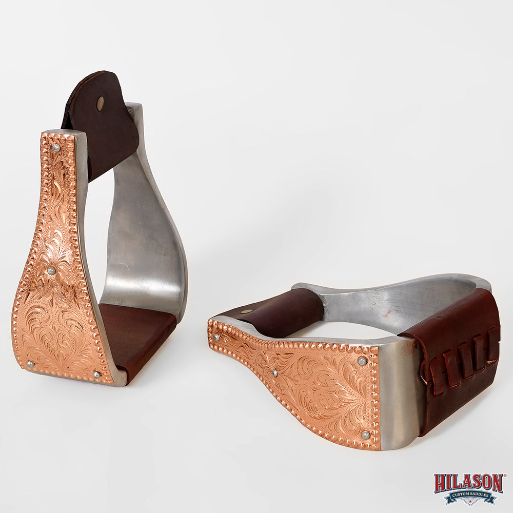 HILASON Saddle Stirrup Stirrups Pair Western Engraved Copper Floral Overlays Leather Treads Aluminum Pair