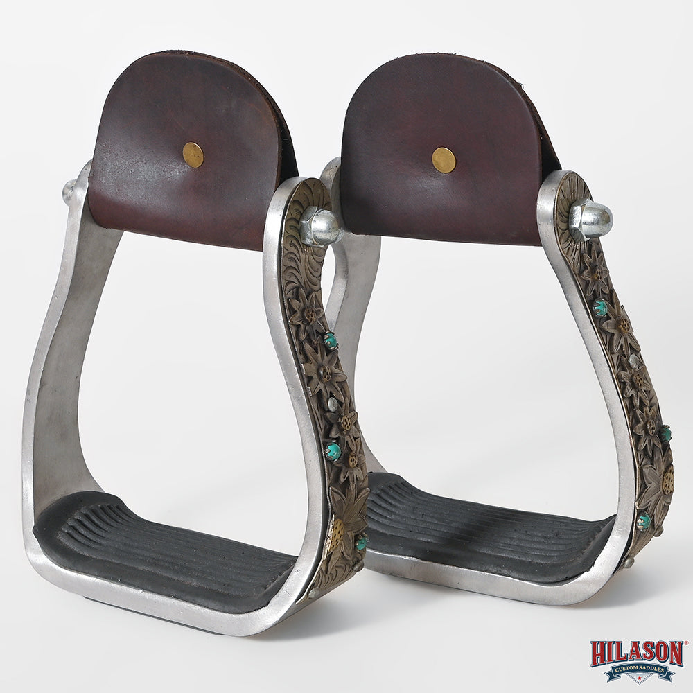 HILASON Western Saddle Stirrup Stirrups Pair Engraved Antique Brass Sunflower Turquoise Inlay Rubber Tread Pair