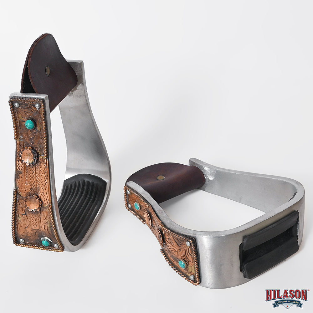 HILASON Western Saddle Stirrup Stirrups Pair Engraved Copper Flower Concho Turquoise Inlay Rubber Tread Pair