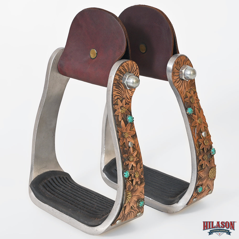 HILASON Western Saddle Stirrup Stirrups Pair Engraved Copper Sunflower Turquoise Inlay Rubber Tread Aluminum Pair