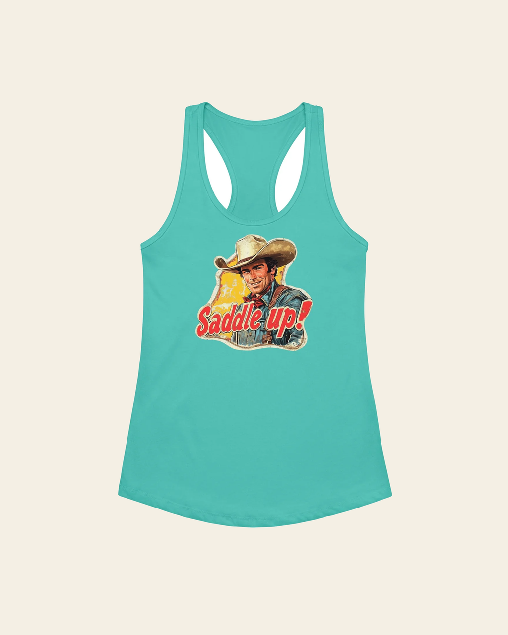 Saddle Up! Vintage Western Women’s Fitted Racerback Tank Top on a warm cream background