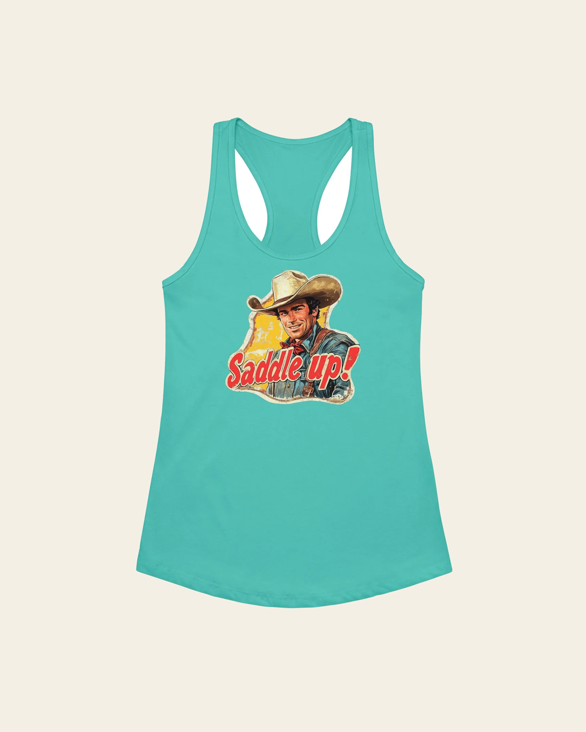 Saddle Up! Vintage Western Women’s Fitted Racerback Tank Top on a warm cream background