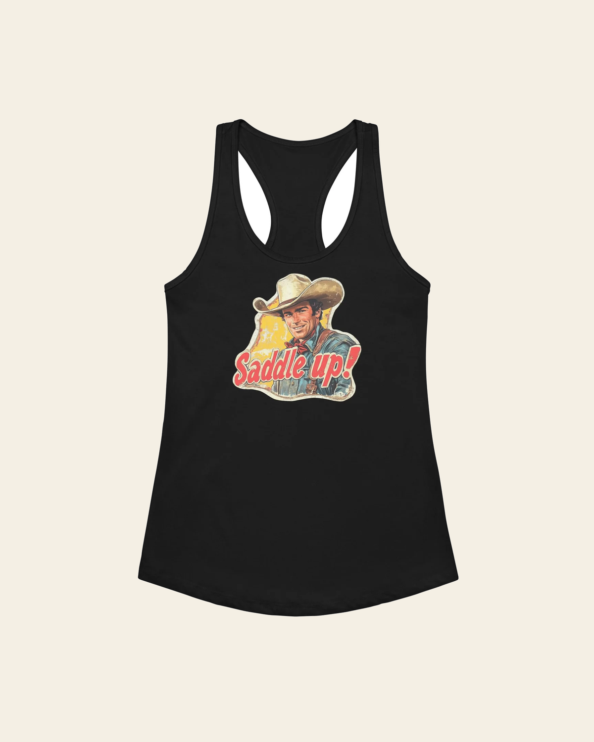 Saddle Up Women’s Fitted Racerback Tank Top on a warm cream background