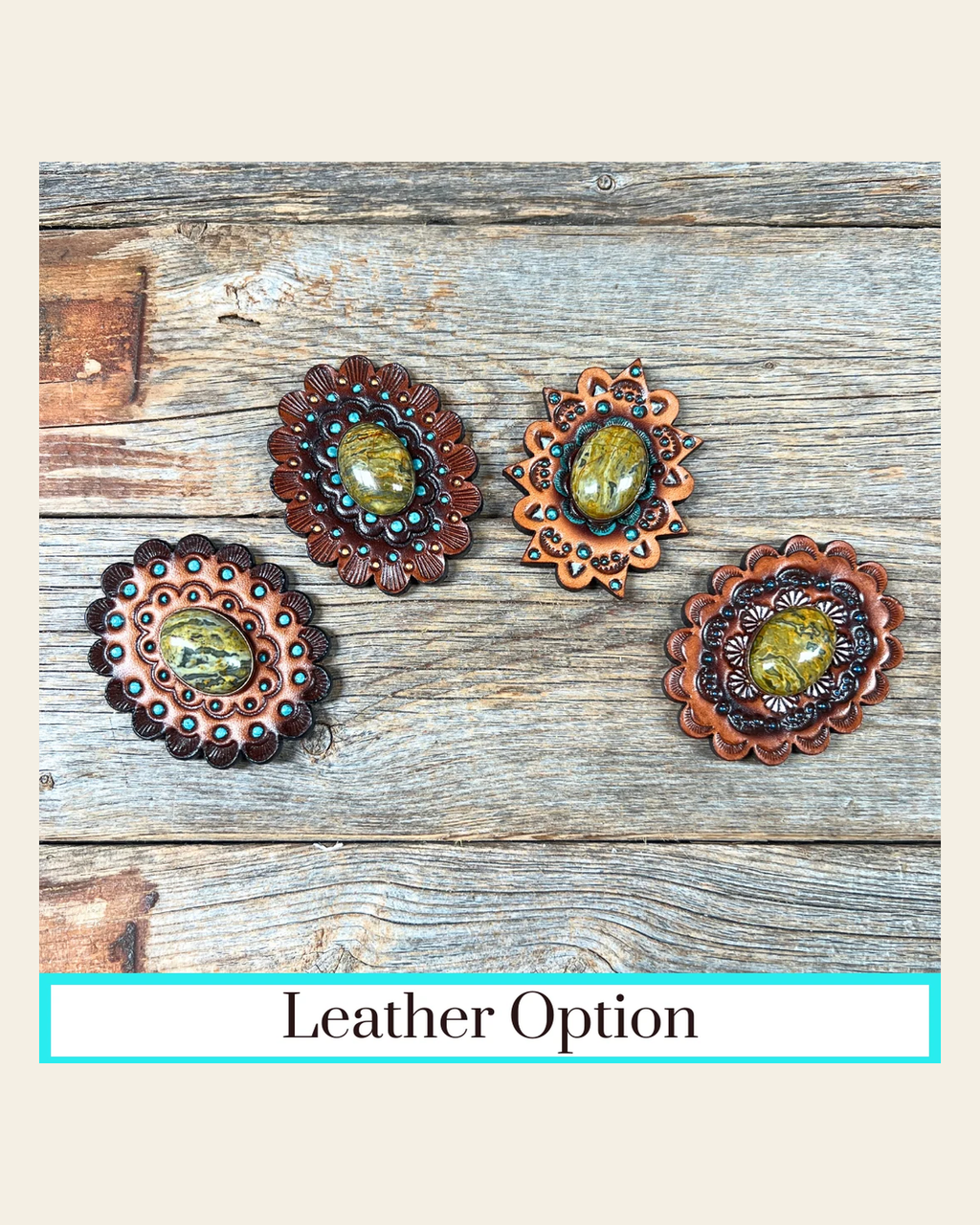 Sage Cabochon Stone - Leather Rosette Options - on a warm cream background