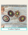 Sage Cabochon Stone - Leather Rosette Options - on a warm cream background