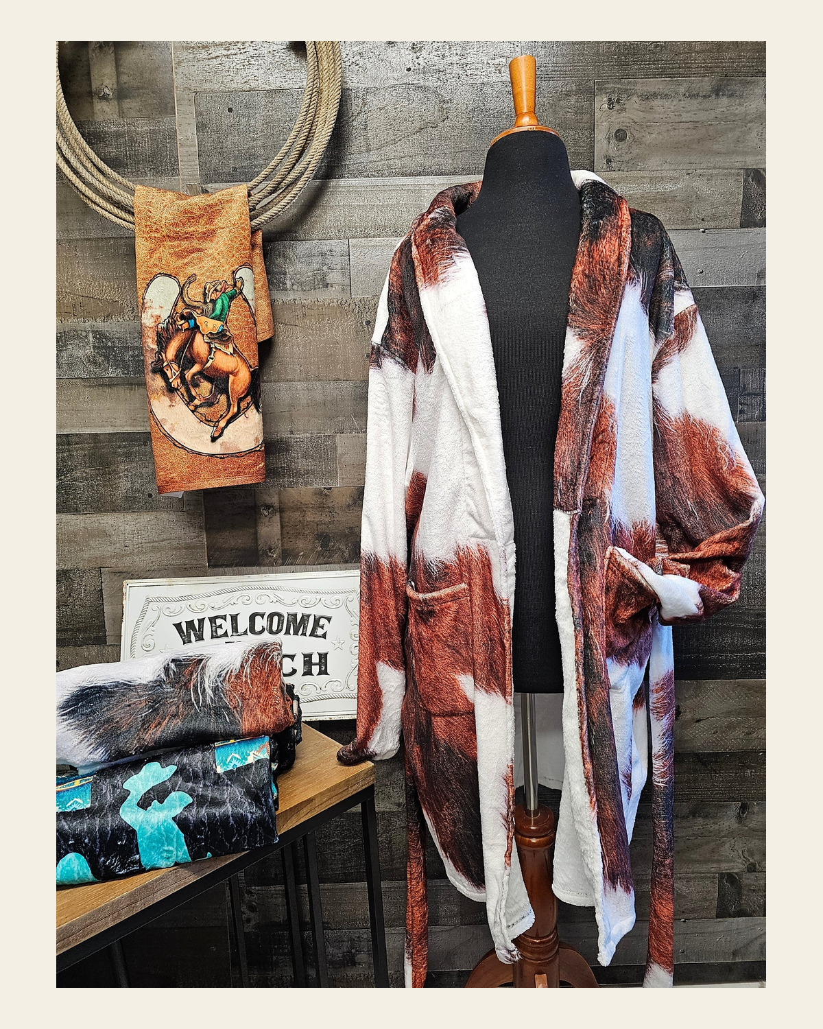Sample Sale Brown Cowhide Print Women's Western Bath Robe size LARGE on a warm cream background