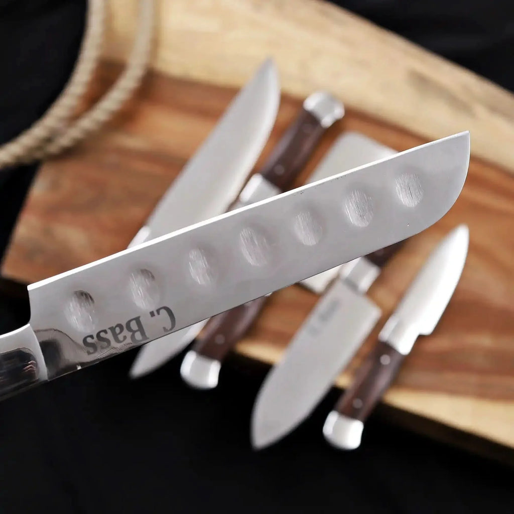 6-Piece High Carbon Steel Kitchen Knife Set with Leather Roll — Olive Wood Handles, Steel Bolsters, 7 to 12 Inc