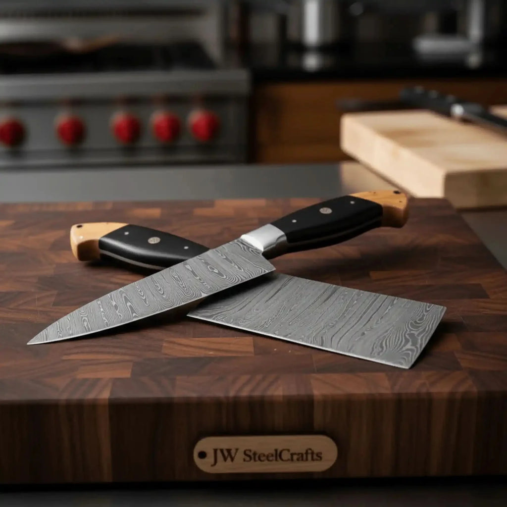 Premium Damascus Cleaver and Santoku knife Set — Olive Wood & Black Resin Handles, Full Tang Chef Knives