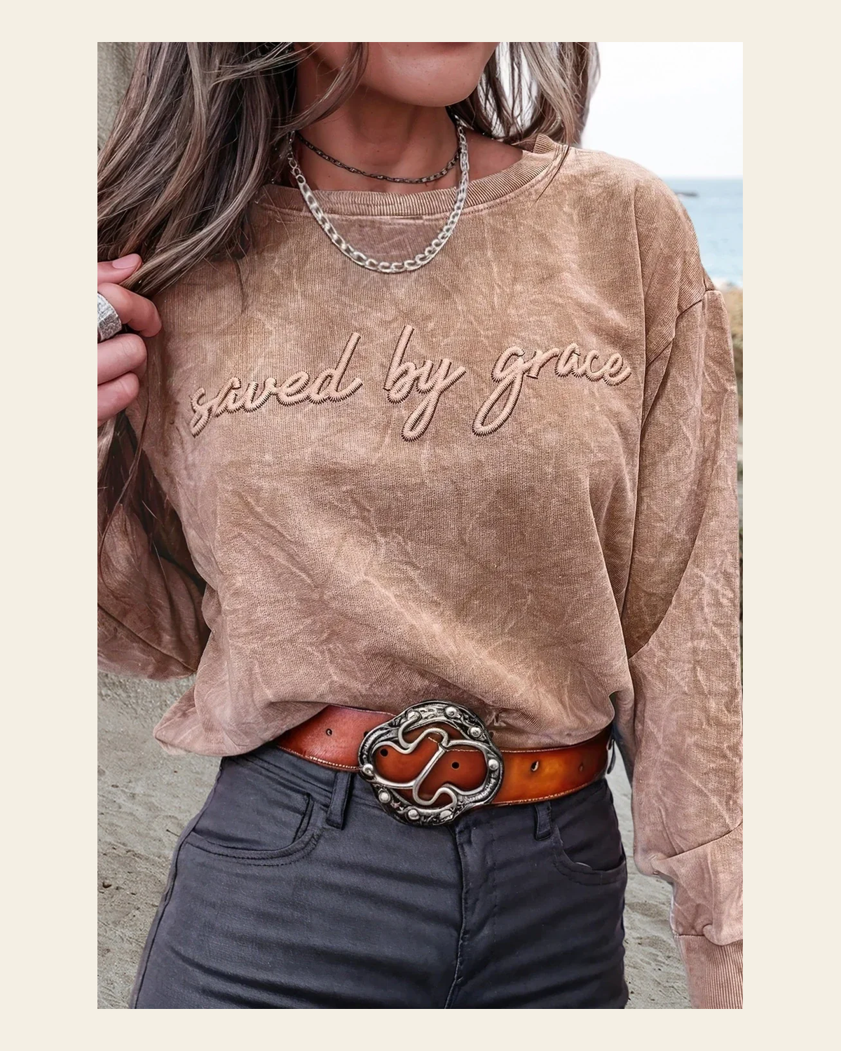 Saved By Grace Mineral Wash | Crewneck on a warm cream background