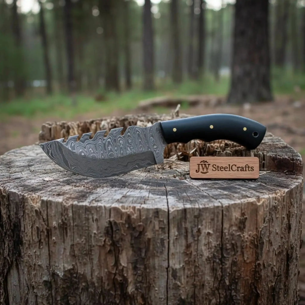 Handmade Damascus Tracker Knife with Black Micarta Handle, Fixed Blade Outdoor Hunting Knife