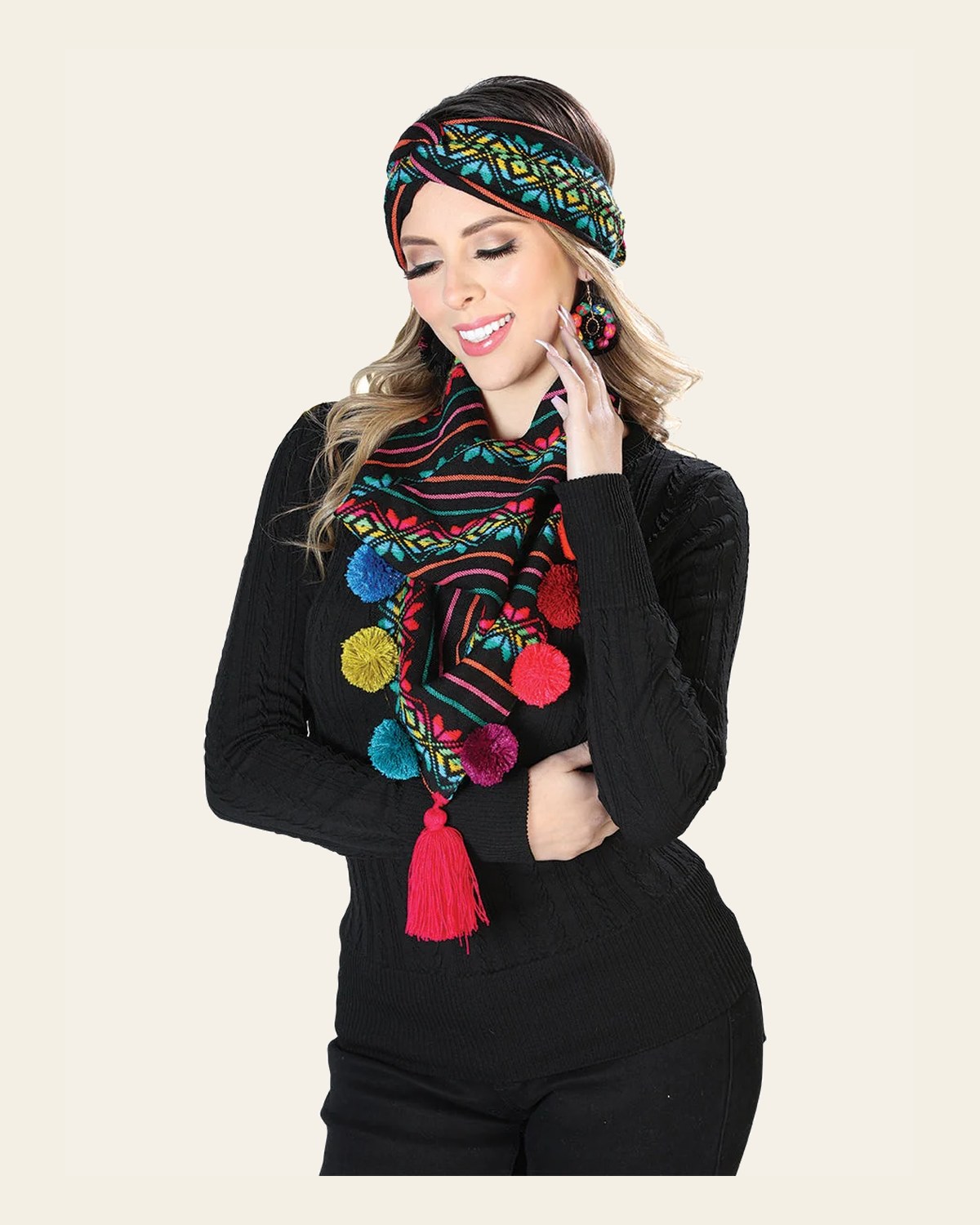 Scarf and Headband Set 100% Polyester Black 603814 on a warm cream background