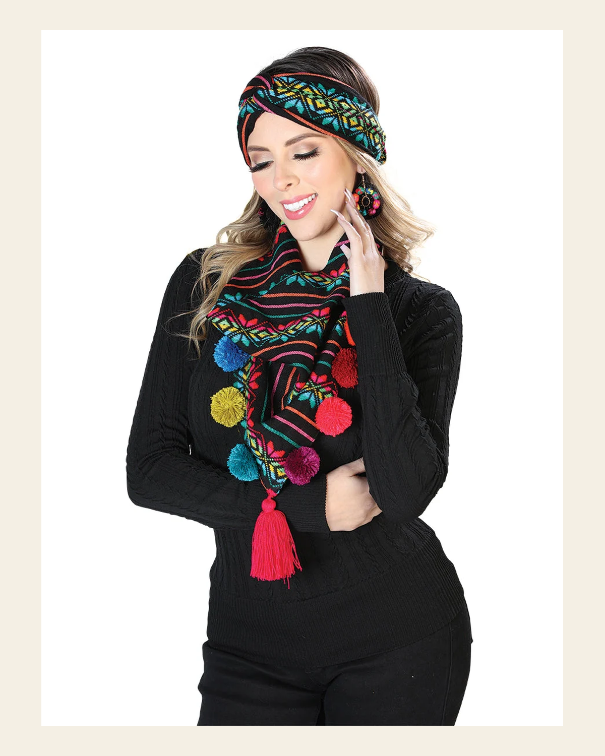 Scarf and Headband Set 100% Polyester Black 603814 on a warm cream background