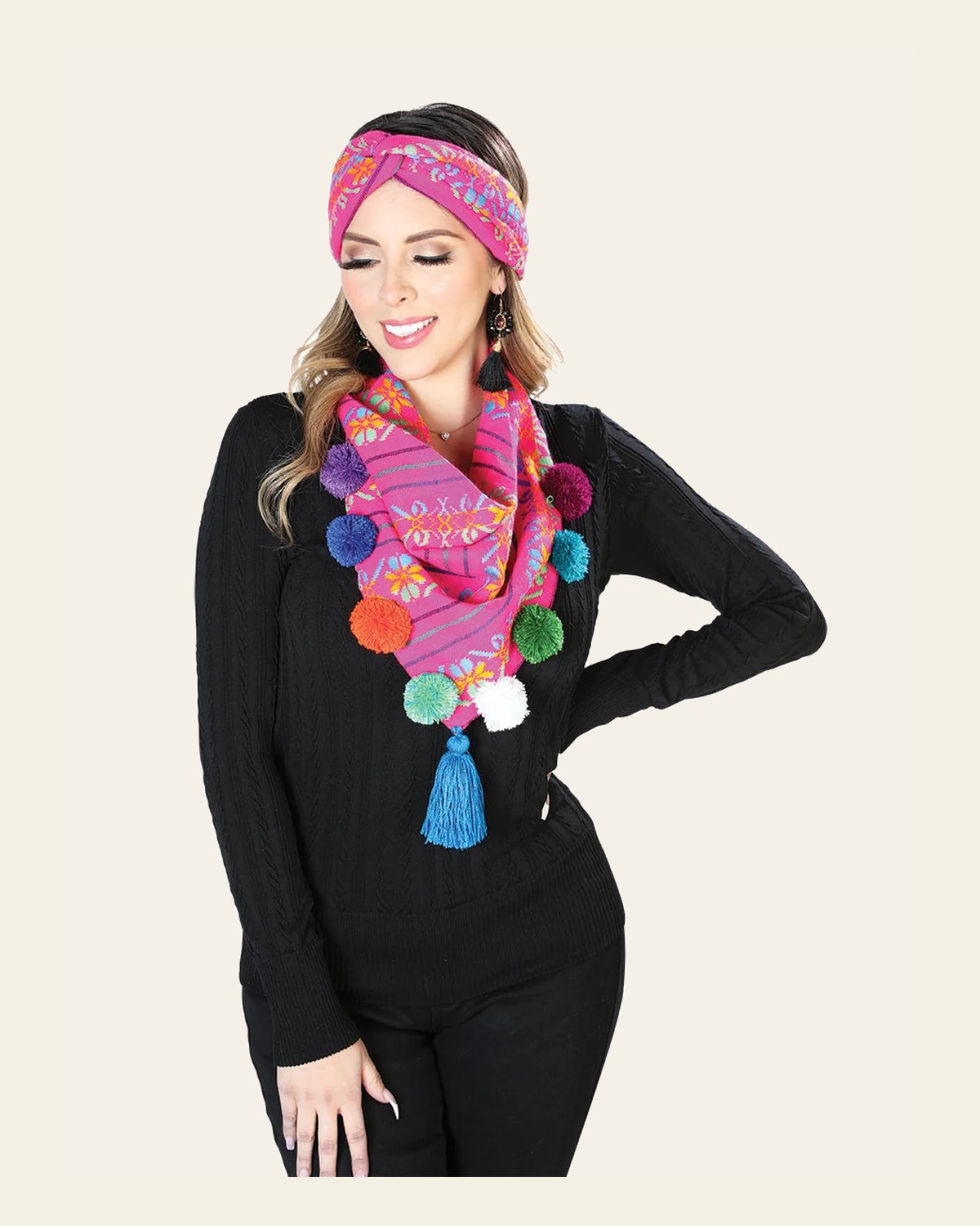 Scarf and Headband Set 100% Polyester Fuchsia 603816 on a warm cream background