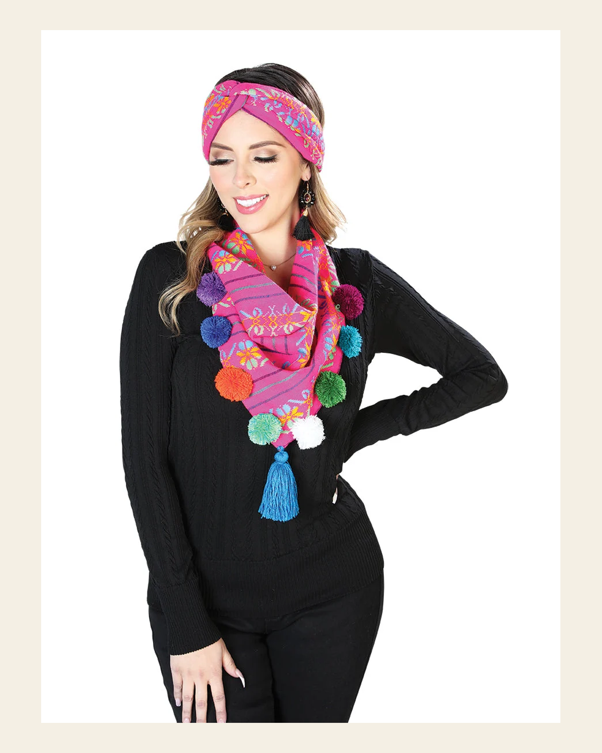 Scarf and Headband Set 100% Polyester Fuchsia 603816 on a warm cream background
