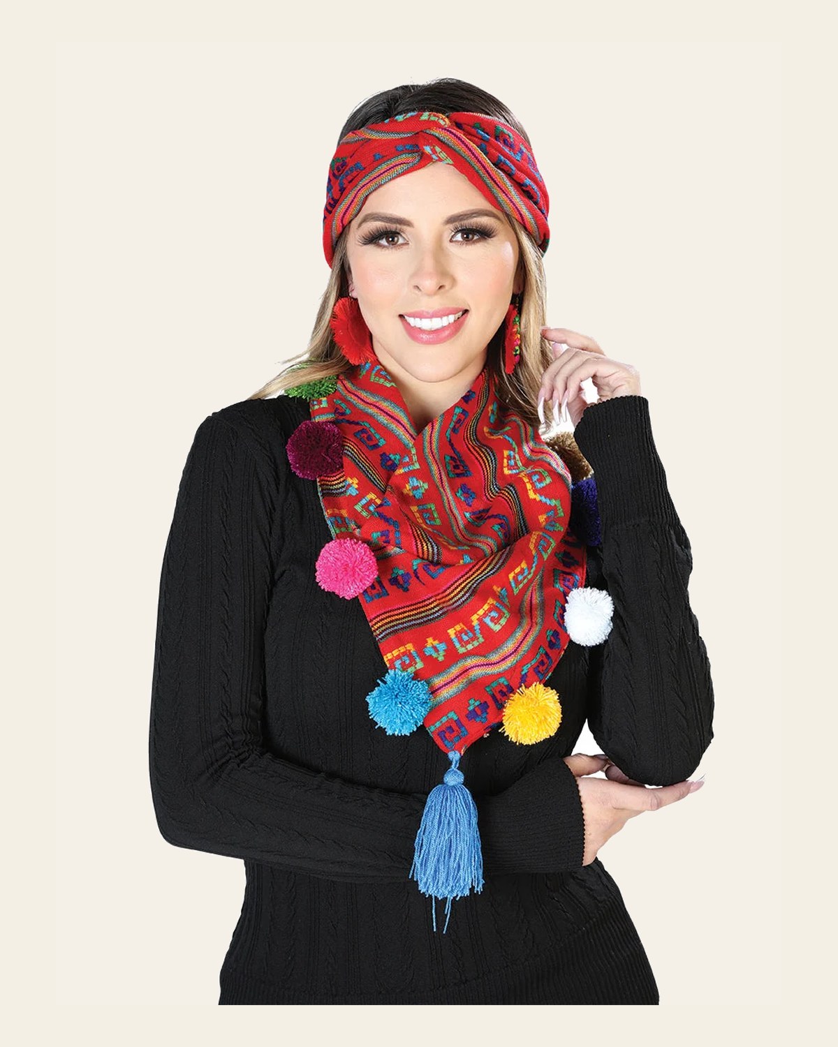 Scarf and Headband Set 100% Polyester Red 603815 on a warm cream background
