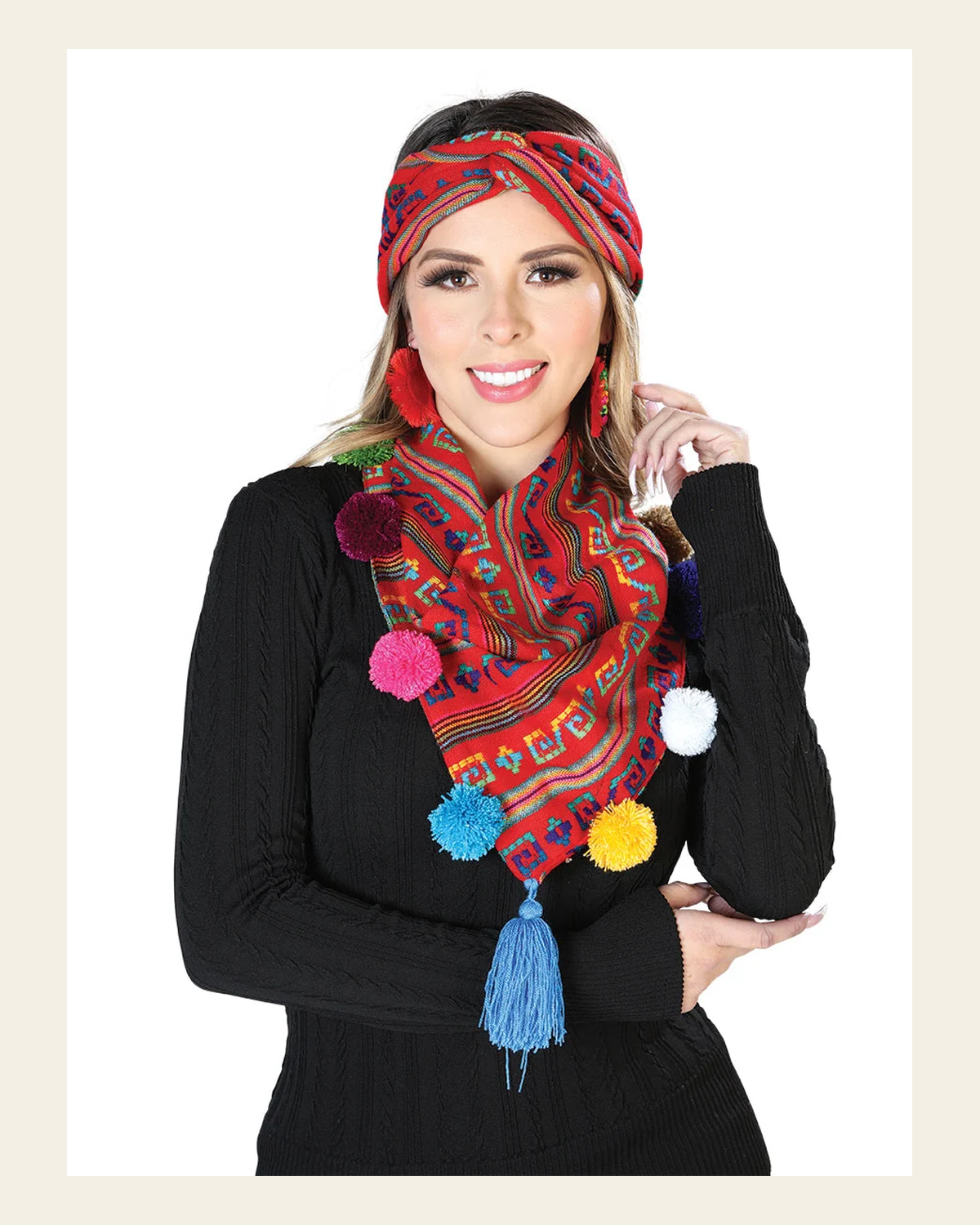 Scarf and Headband Set 100% Polyester Red 603815 on a warm cream background