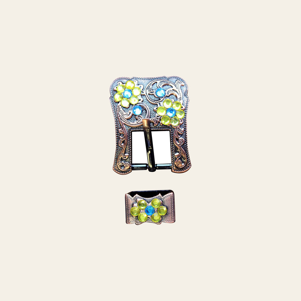 Hilason Screw Back Concho Capri & Lemon Crystal Floral Copper Buckle Set 3/4 Inch