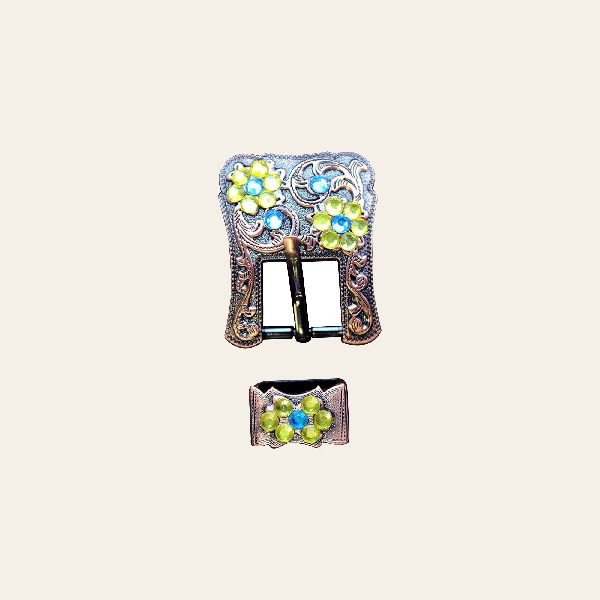 Hilason Screw Back Concho Capri & Lemon Crystal Floral Copper Buckle Set 3/4 Inch