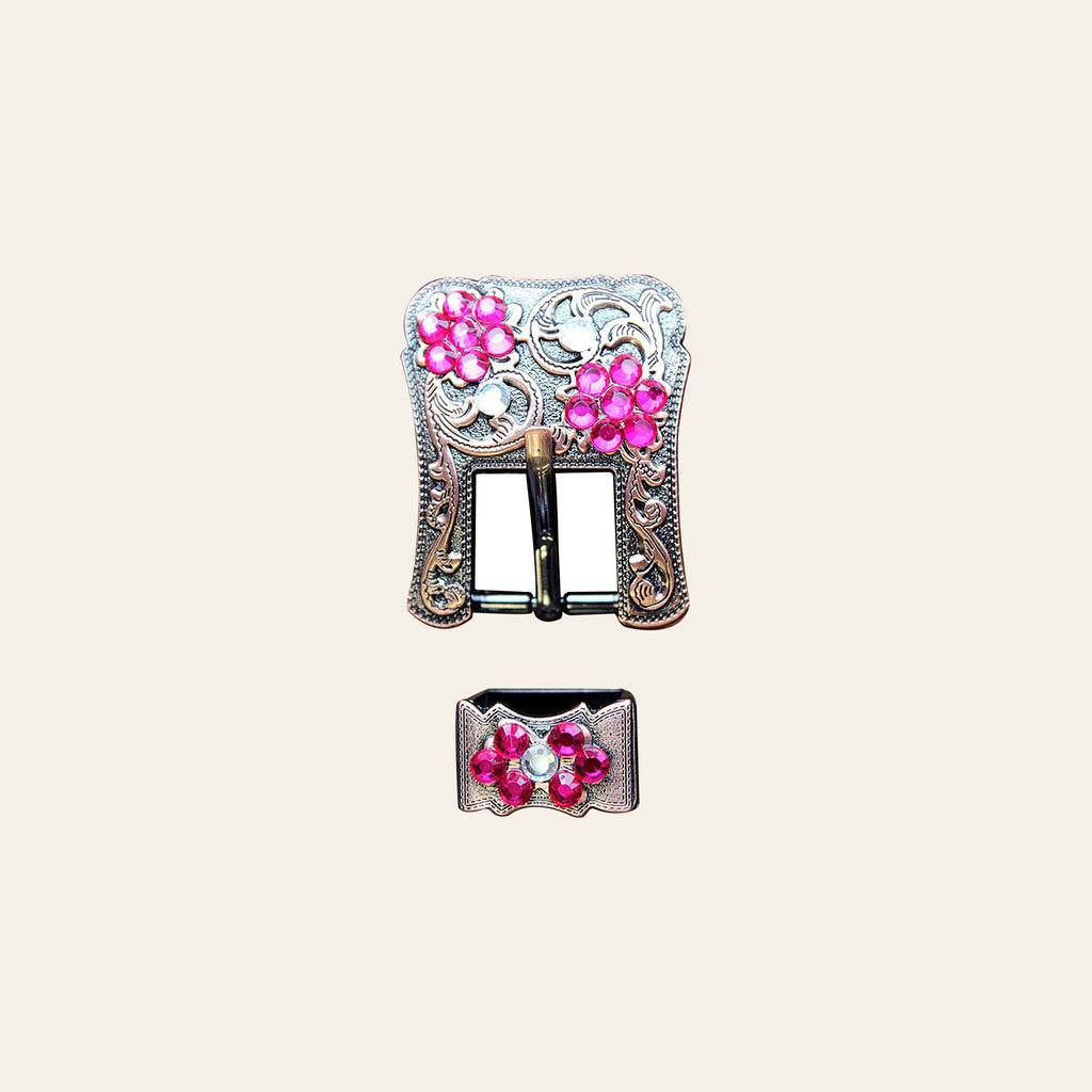 Hilason Screw Back Concho Fuschia & Crystal Floral Copper Buckle Set  3/4 Inch