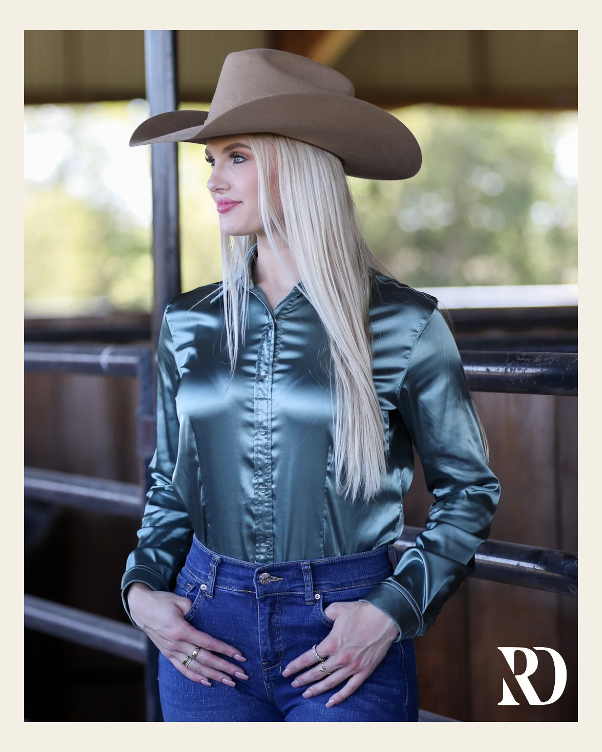 Sea Glass Satin Performance Rodeo Shirt on a warm cream background