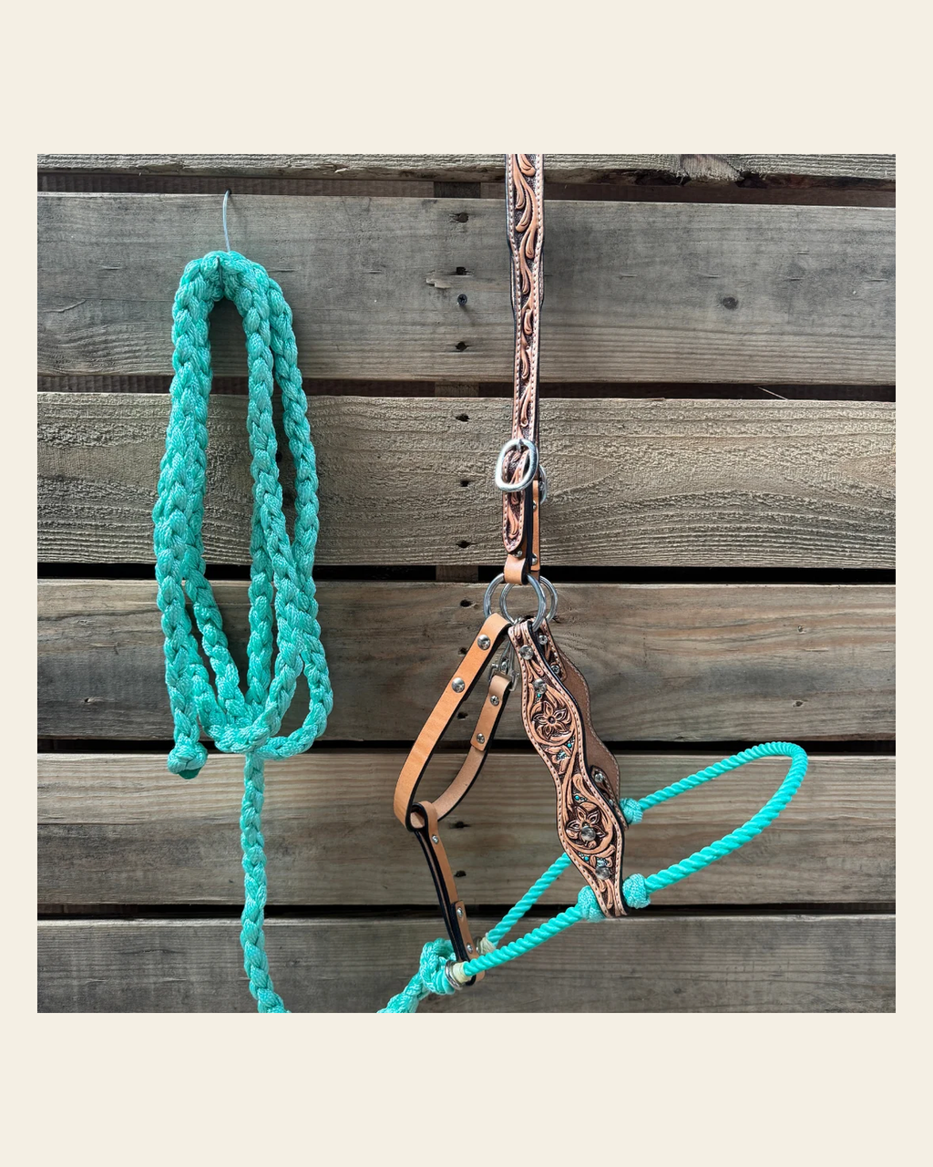 Turquoise Floral Tooled Lariat & Leather Combo Halter on a warm cream background