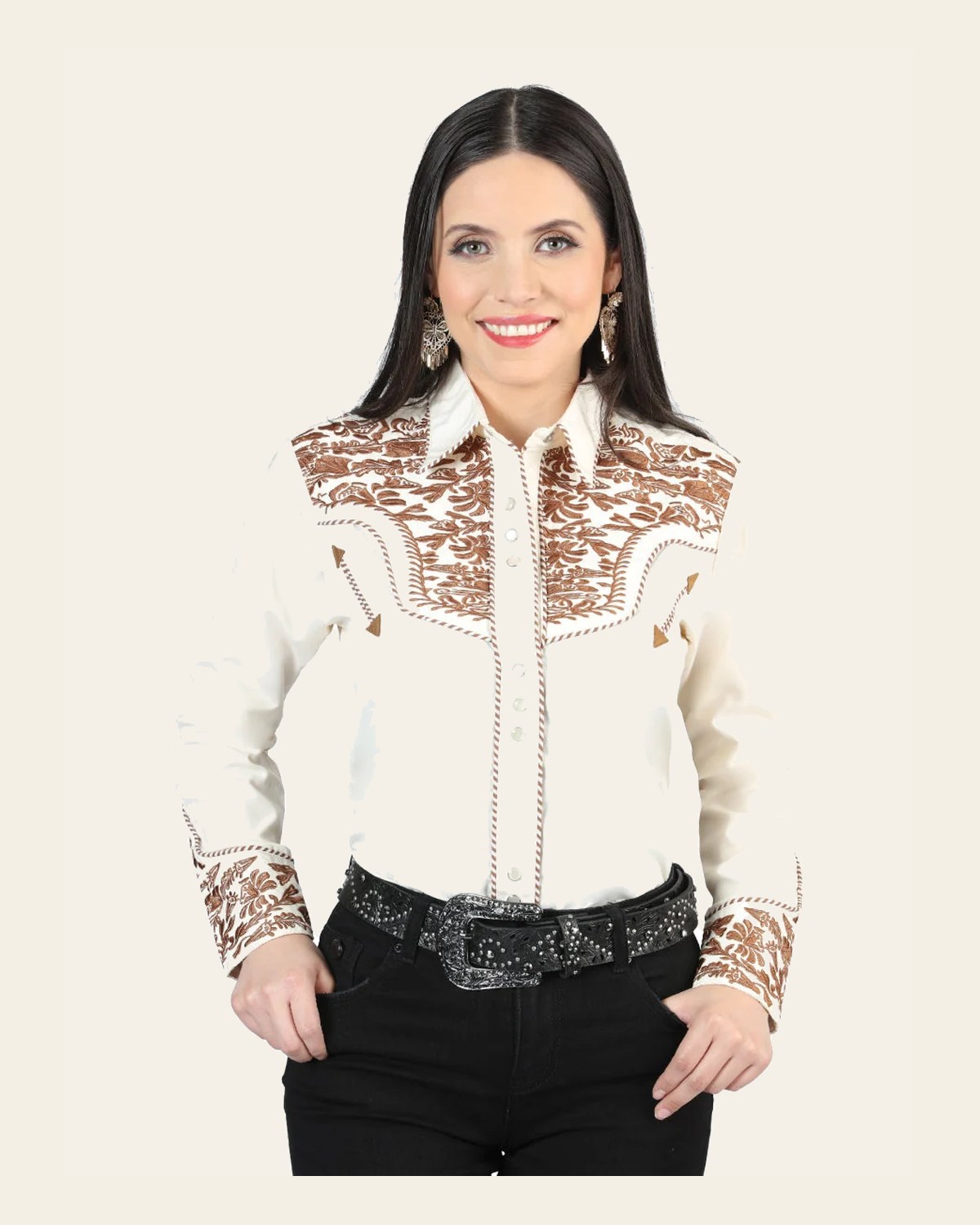 Senor De Los Cielos Embroidery Shirt Beige/Dark Camel 44345 on a warm cream background