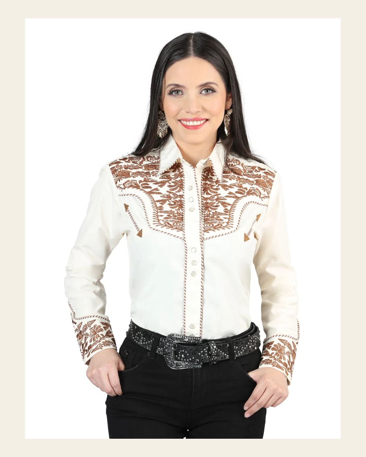 Senor De Los Cielos Embroidery Shirt Beige/Dark Camel 44345 on a warm cream background