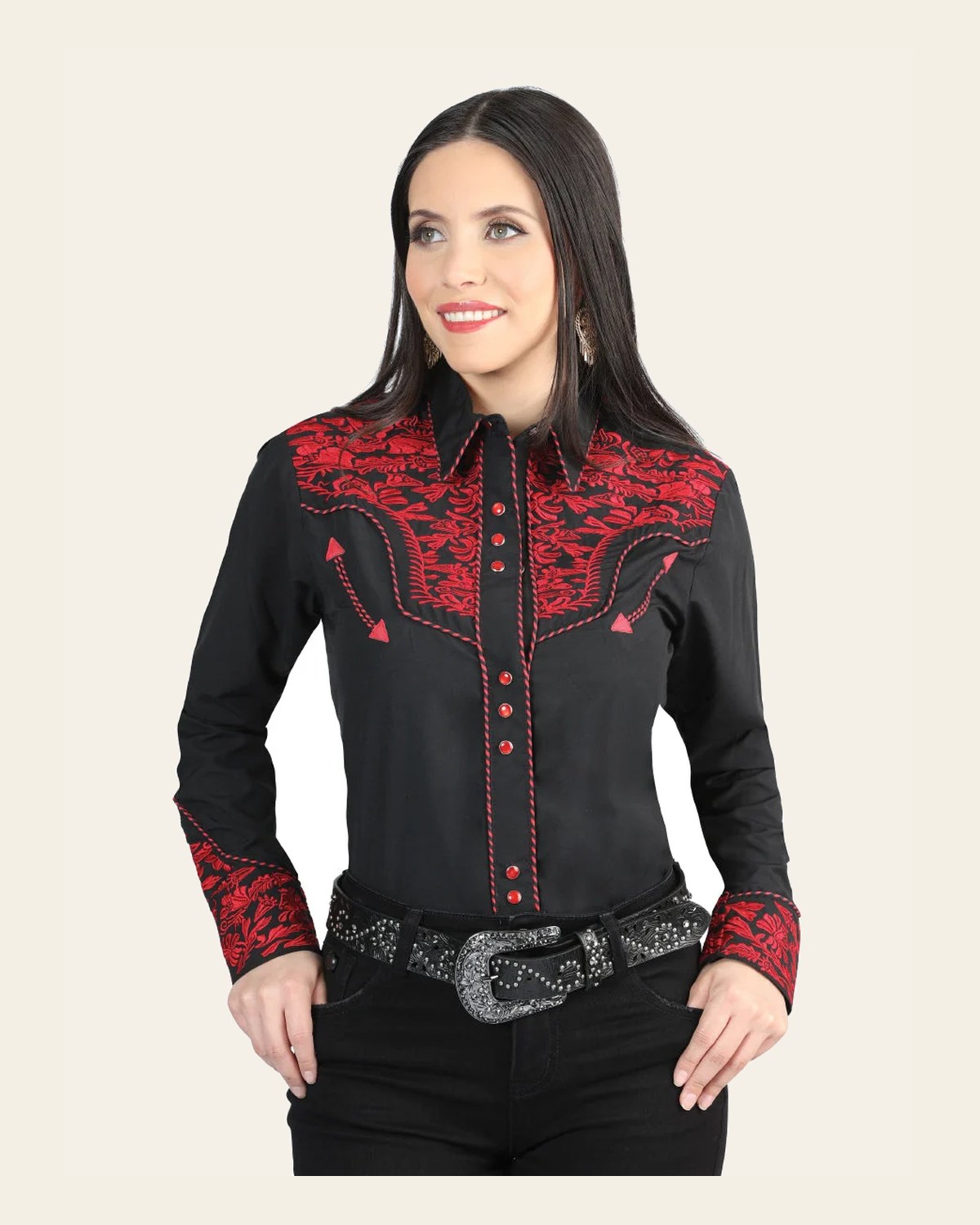 Senor De Los Cielos Embroidery Shirt Black/Red 44344 on a warm cream background