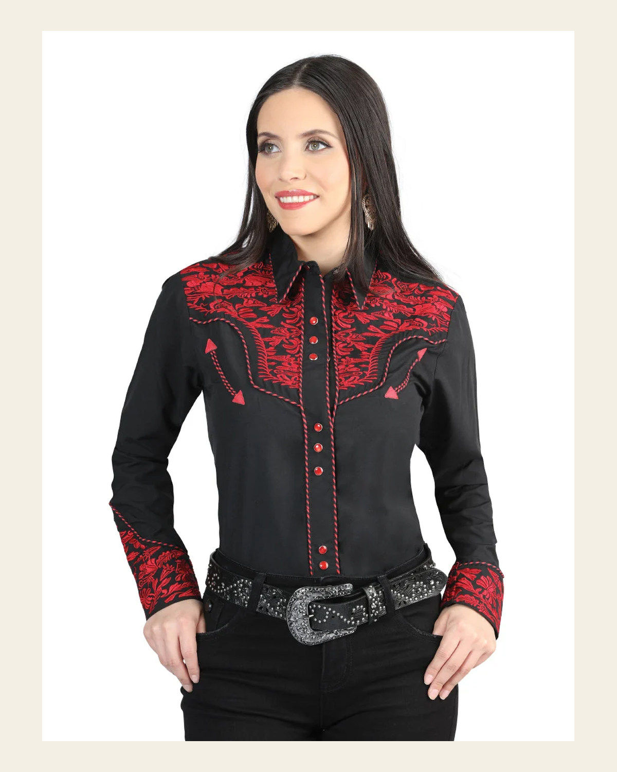 Senor De Los Cielos Embroidery Shirt Black/Red 44344 on a warm cream background