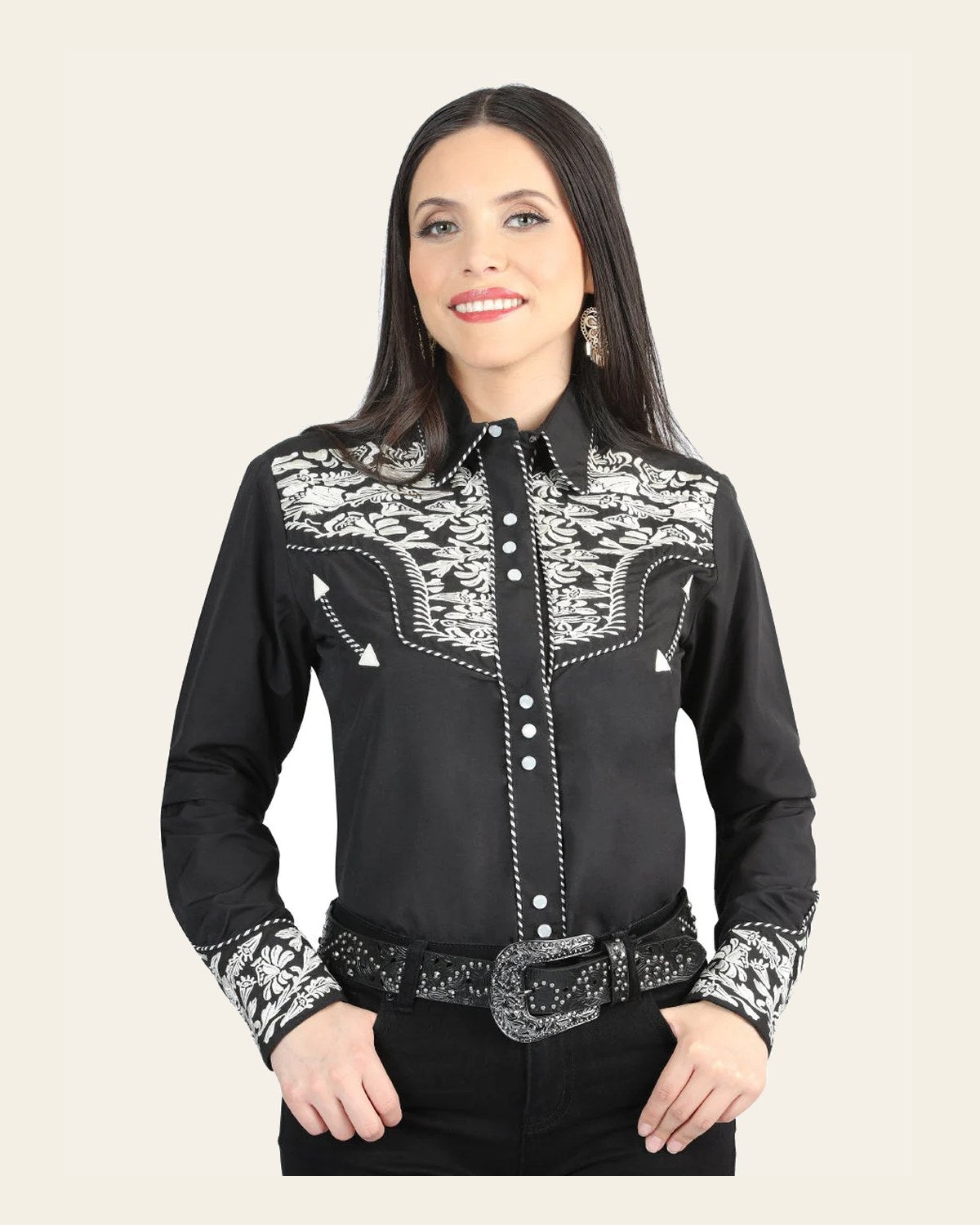 Senor De Los Cielos Embroidery Shirt Black/Silver 44342 on a warm cream background