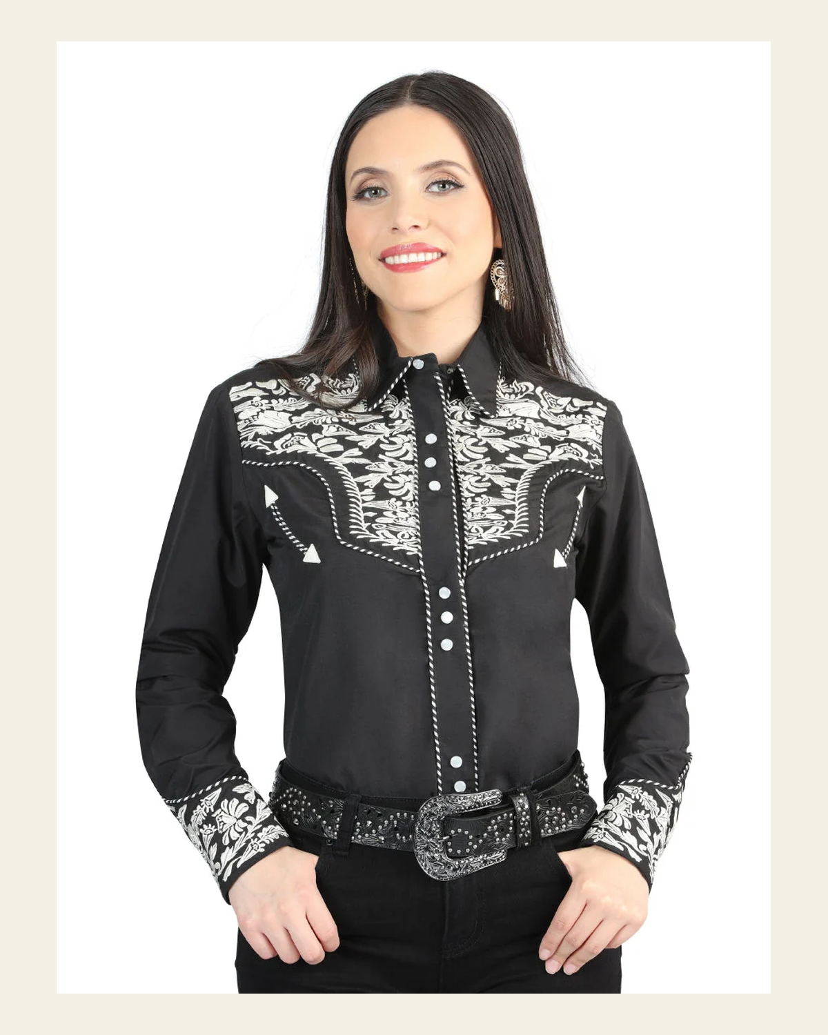 Senor De Los Cielos Embroidery Shirt Black/Silver 44342 on a warm cream background