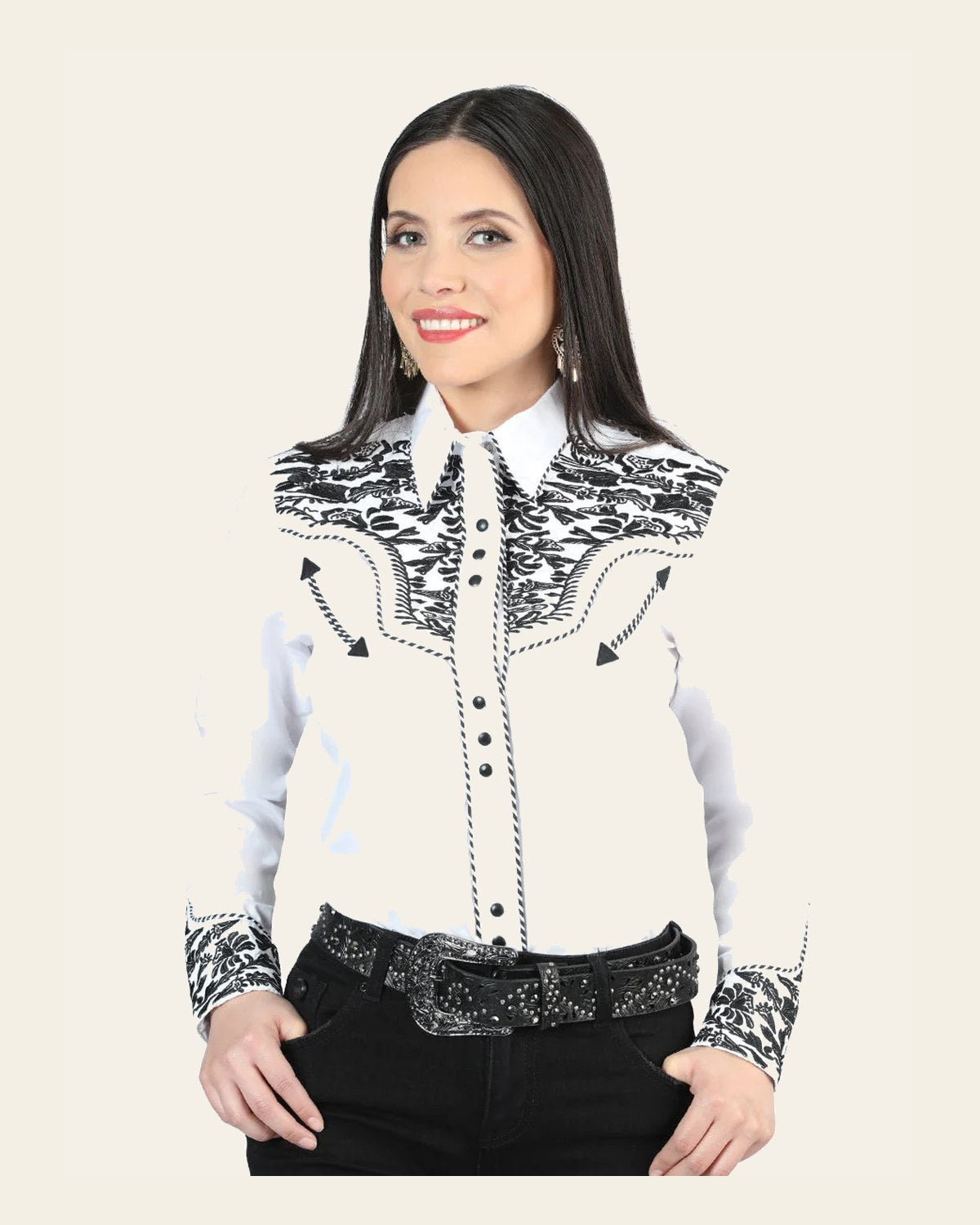 Senor De Los Cielos Embroidery Shirt White/Black 44343 on a warm cream background