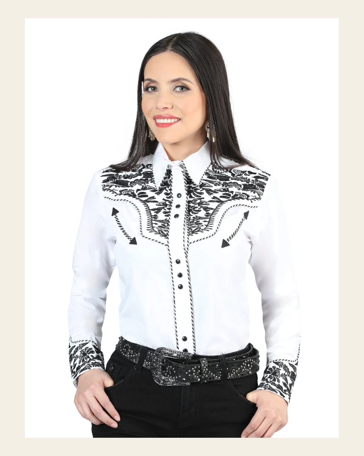 Senor De Los Cielos Embroidery Shirt White/Black 44343 on a warm cream background