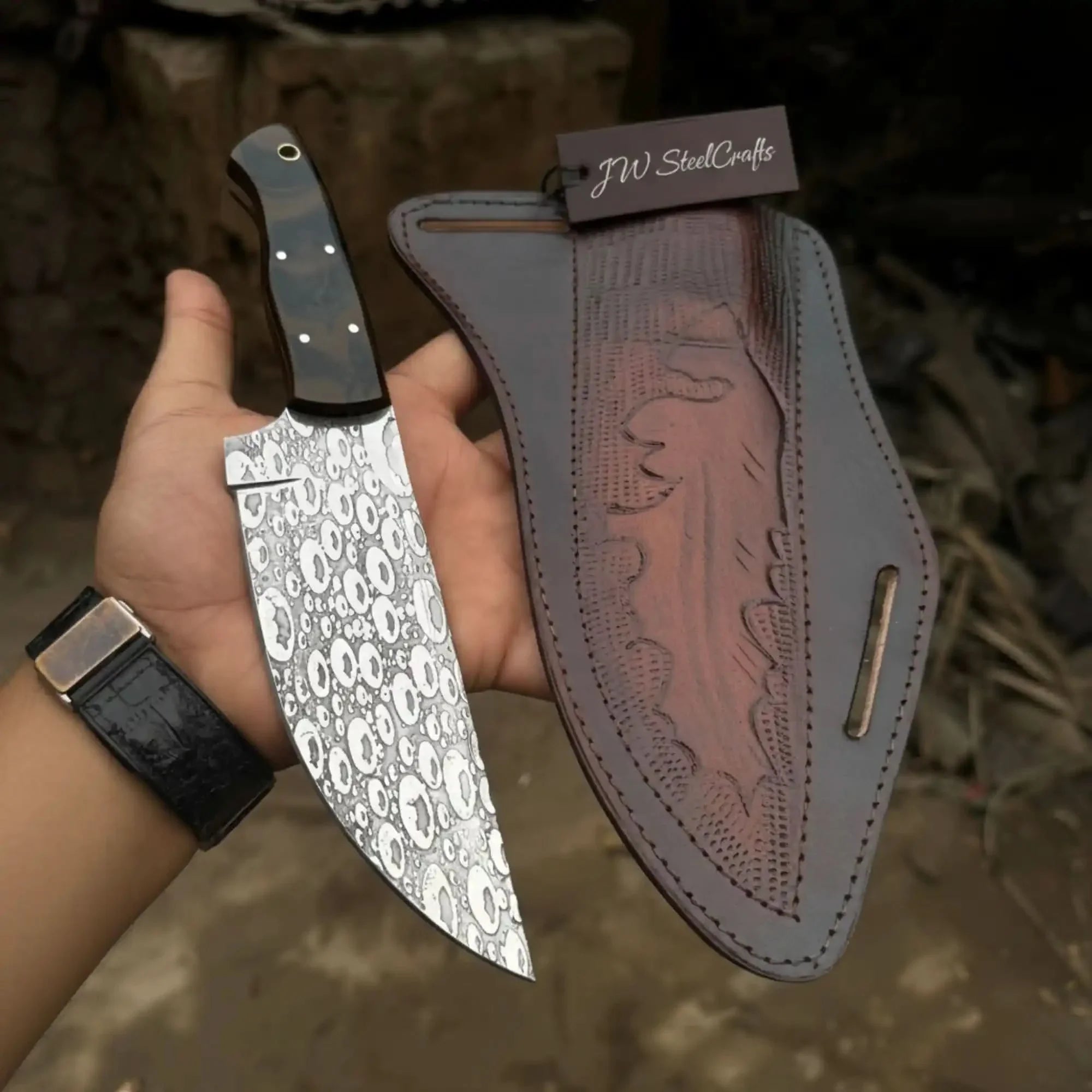 Serbian Utility Knife 9” – Acid Etched Blade with Cross Sheath