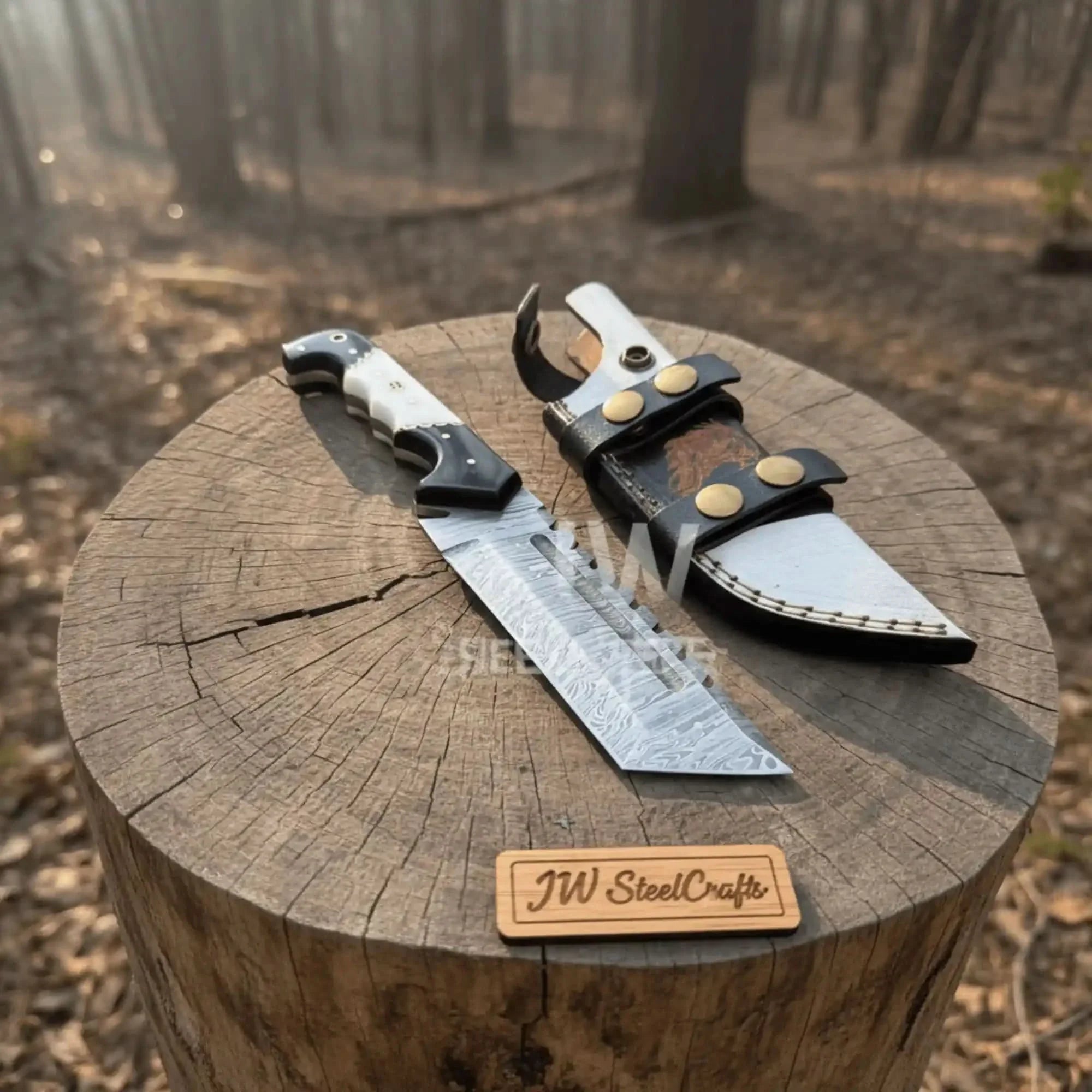 Ironbark Tracker Damascus Knife 10" Black & White Resin Handle, Filework Spine, Curved Guard & Leather Sheath