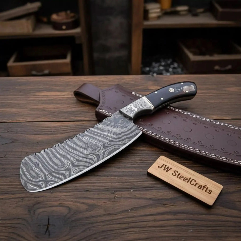 10-Inch Forged Damascus Nakiri Chopper — Ladder Pattern Blade, Engraved Damascus Bolster, Black Resin Handle & Tooled Leather Sheath