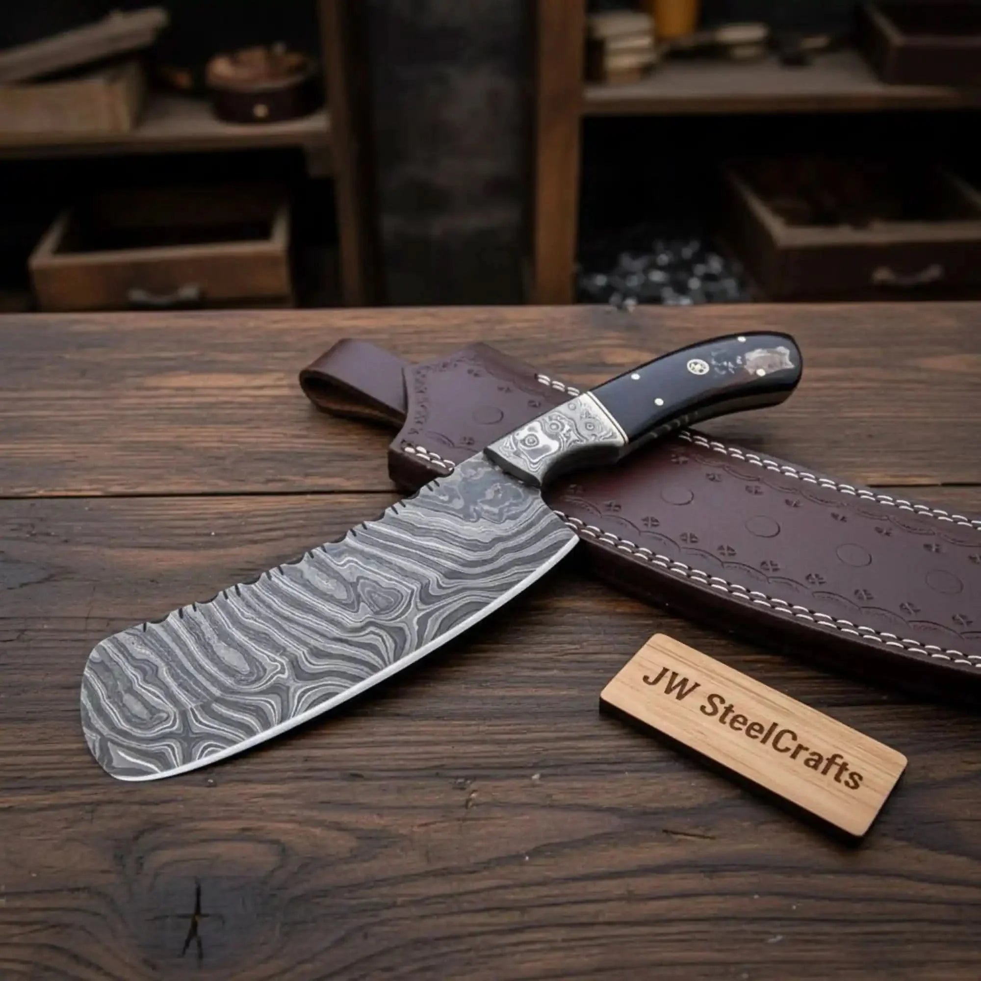 10-Inch Forged Damascus Nakiri Chopper — Ladder Pattern Blade, Engraved Damascus Bolster, Black Resin Handle & Tooled Leather Sheath