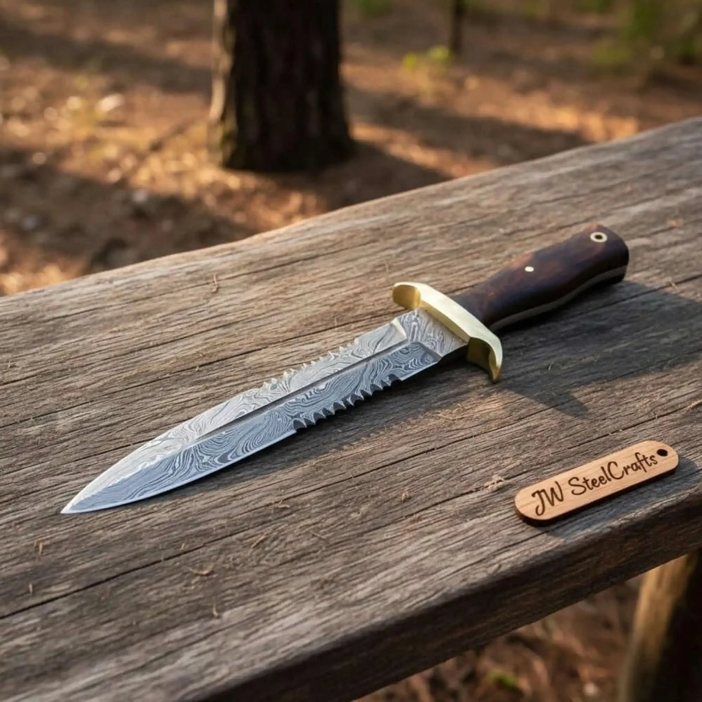 Hammer forged Damascus Dagger Knife with 8” Double Edge Serrated Blade, Sawback Spine, Brass Guard, Rosewood Handle (Full Tang Fixed Blade)