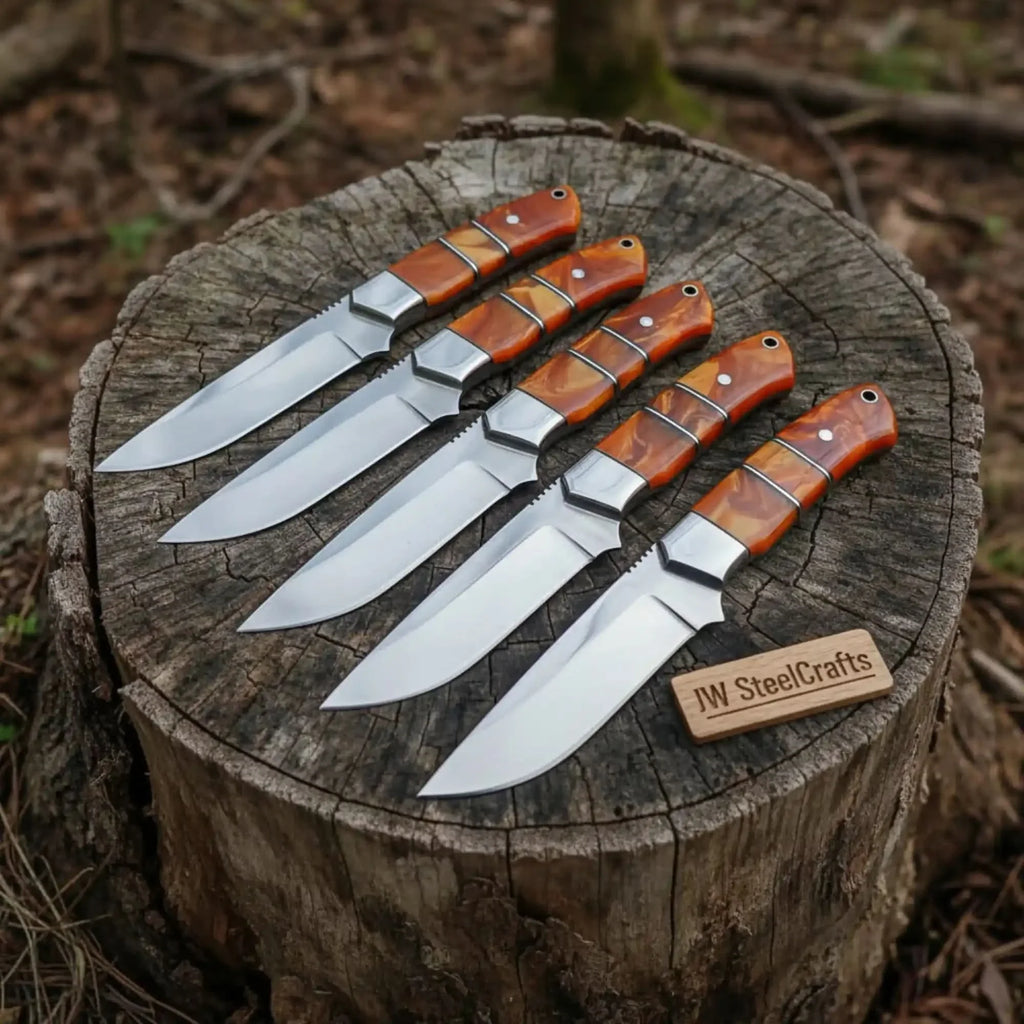 Handmade Artisan Scandi Bushcraft Knife Set 5-Piece with Scandi Grind & Orange Resin Handles